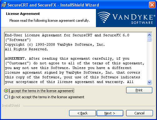 License agreement screen